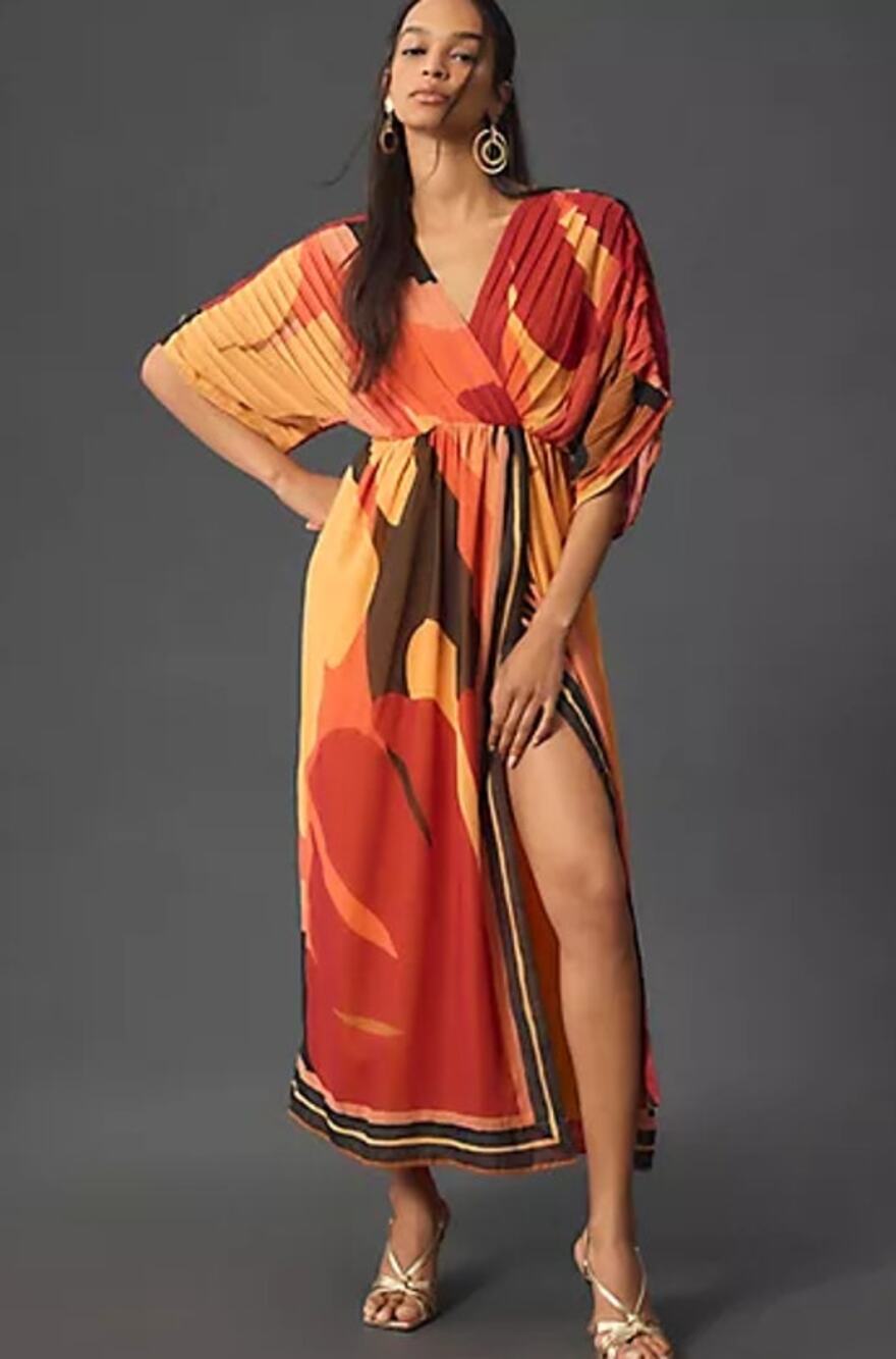 Farm Rio Pleated Short Sleeve Wrap-Front Maxi Dress Multicolor Size Small